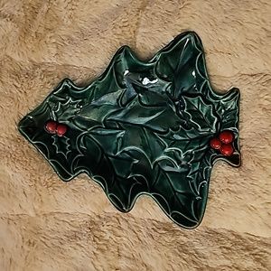 Lefton Vintage Ceramic Candy Dish Nut Plate Christmas Tree Holly and Berry Decor